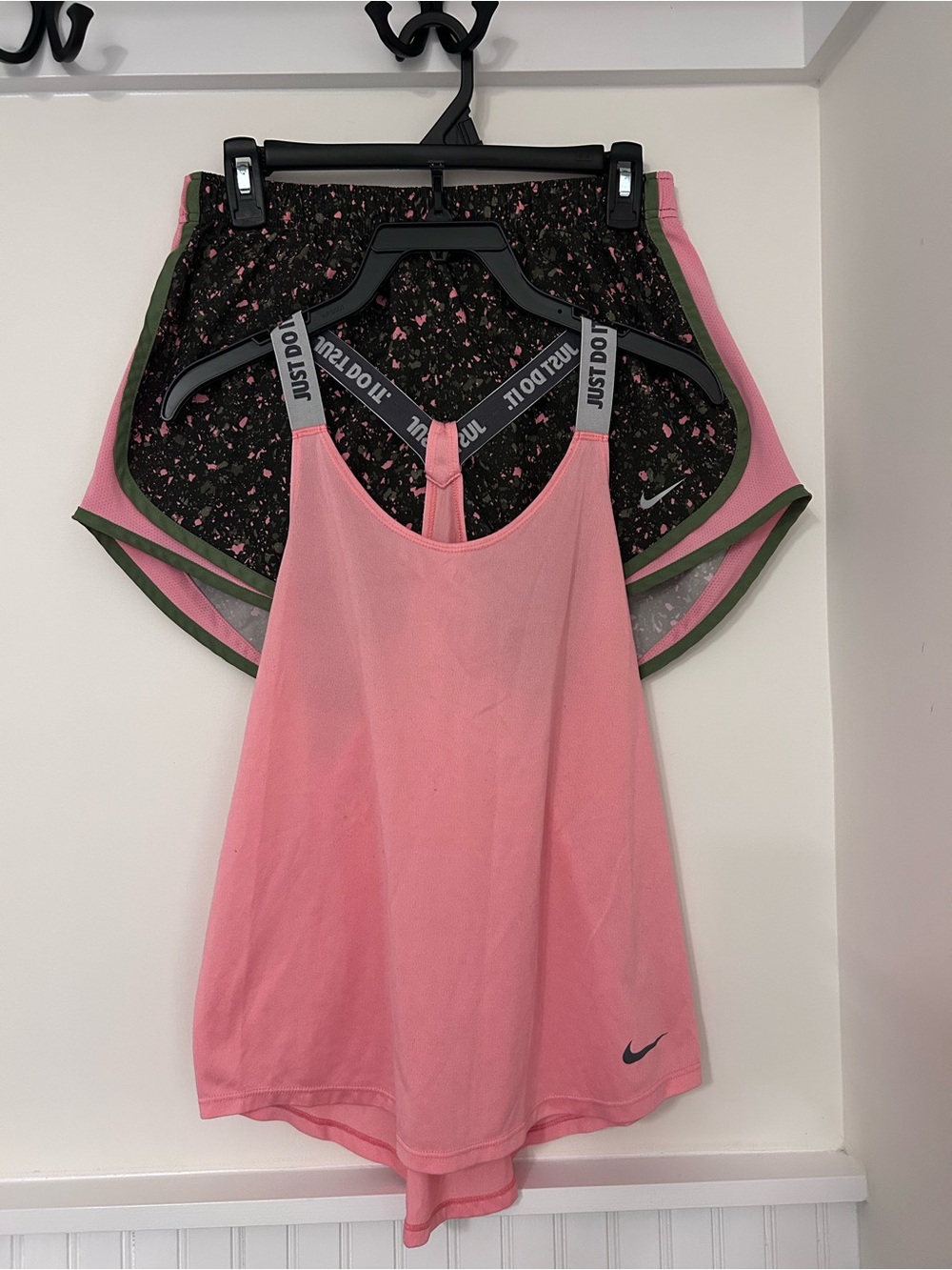 Nike Pink Racerback Tank with Black Speckled Shorts and Olive Trim